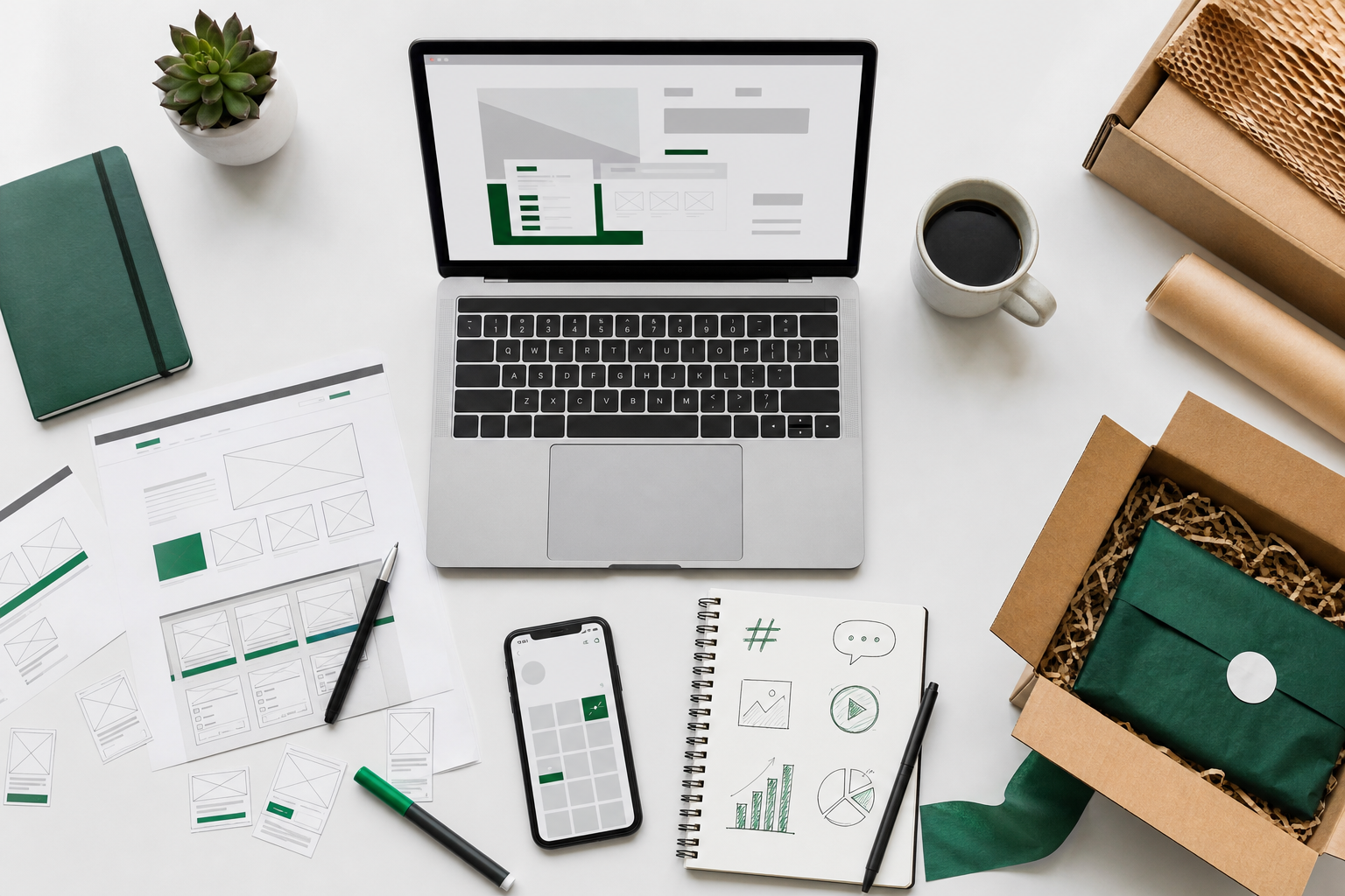 Mesa de trabalho com portátil, esboços de website, planeamento de redes sociais e elementos de loja online.